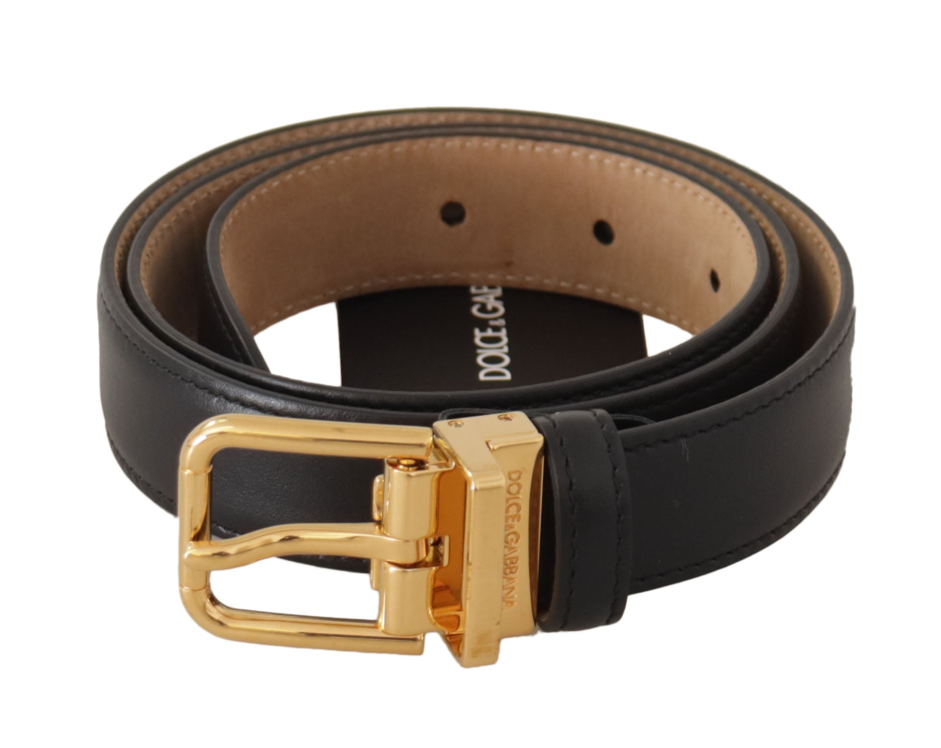Black Calf Leather Gold Metal Logo Waist Buckle Belt