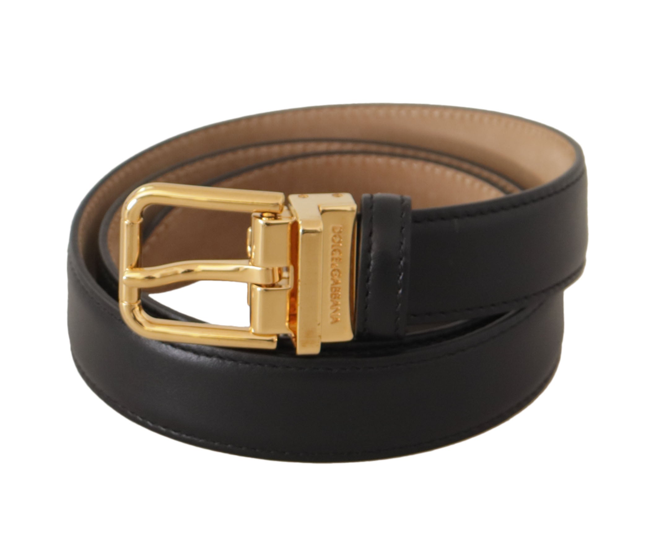 Black Calf Leather Gold Metal Logo Waist Buckle Belt
