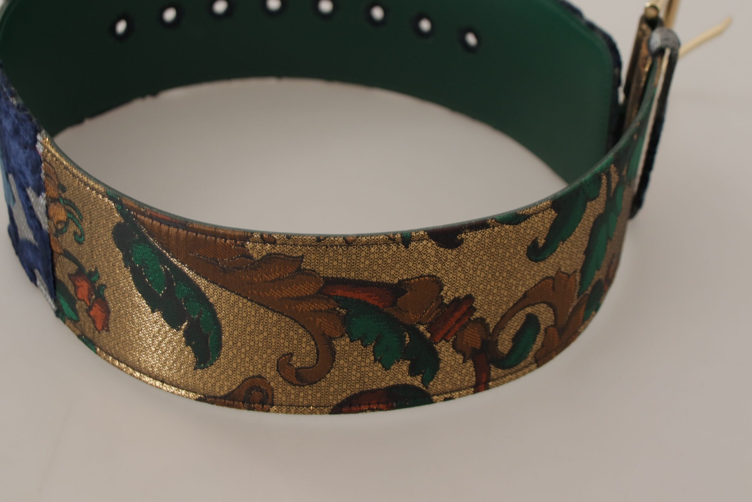 Green Jacquard Embroid Leather Gold Metal Buckle Belt