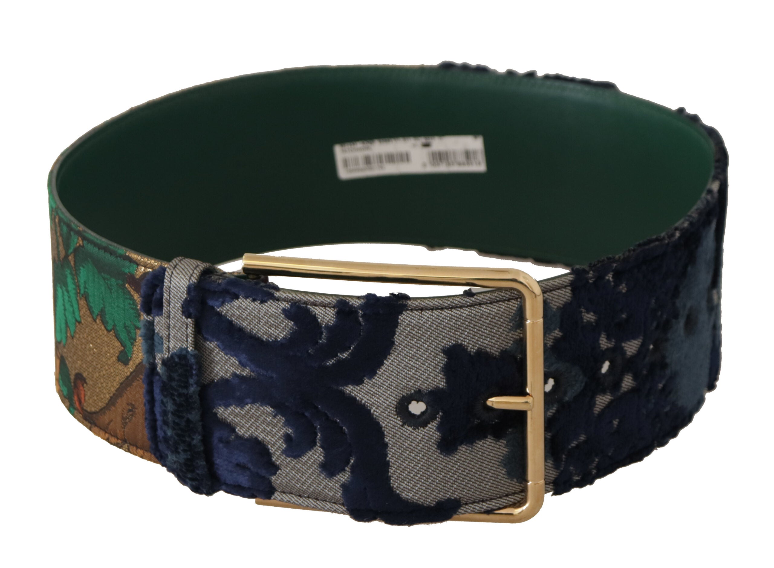 Green Jacquard Embroid Leather Gold Metal Buckle Belt