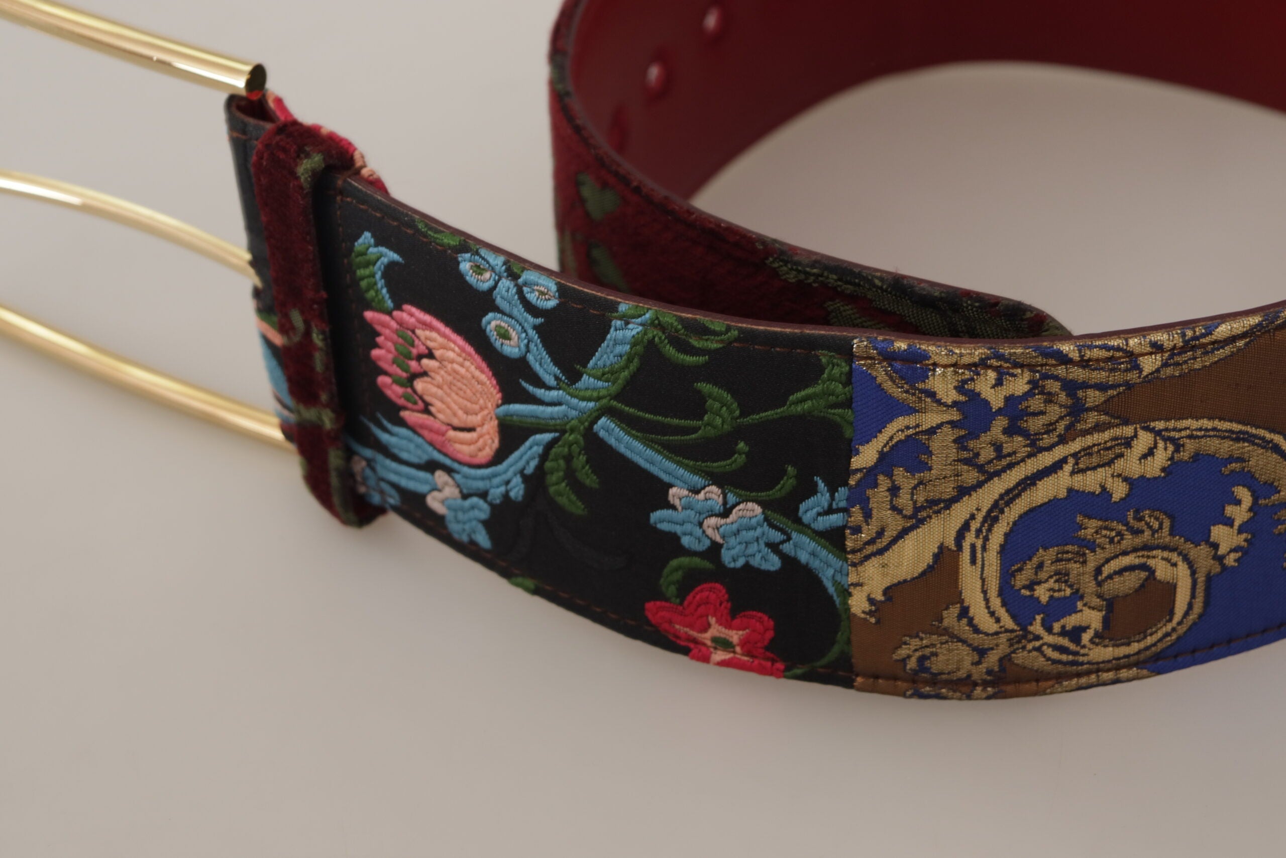 Red Embroidered Leather Gold Logo Metal Buckle Belt