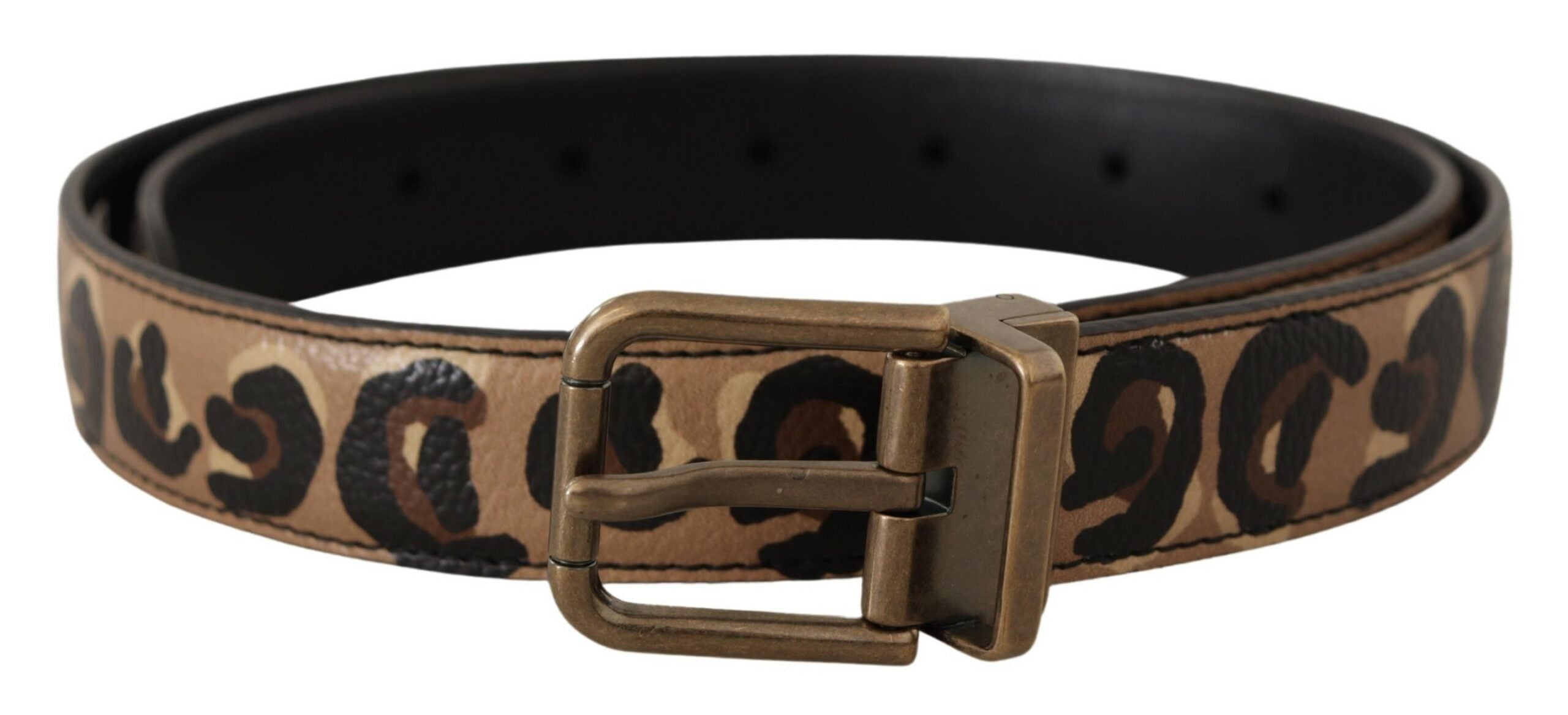 Brown Leather Leopard Print Bronze Metal Buckle Belt