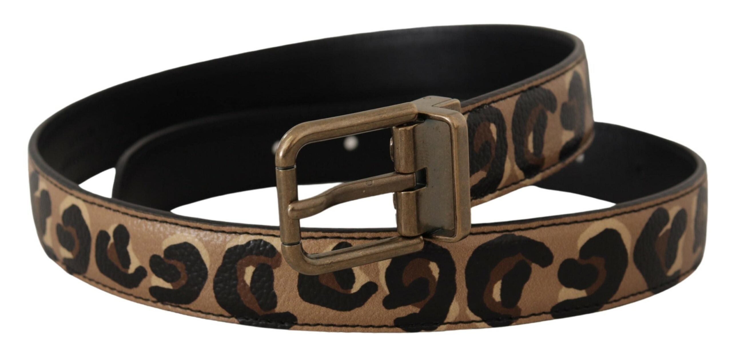 Brown Leather Leopard Print Bronze Metal Buckle Belt